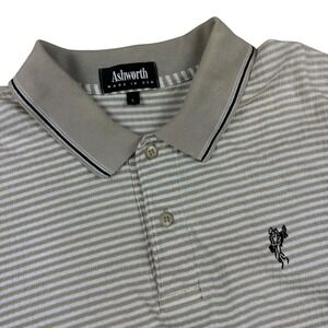 Vintage Ashworth Mens Striped Polo Shirt Large Tan White Golf Made in USA Cotton